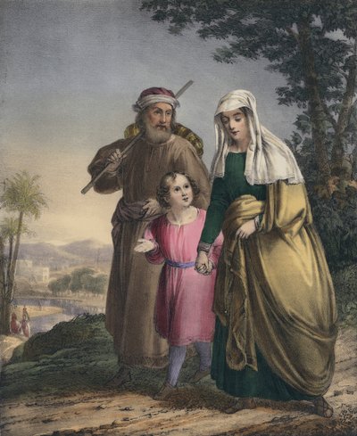 Jesus vender tilbake med foreldrene til Nasaret (farget gravering) av Siegfried Detler Bendixen