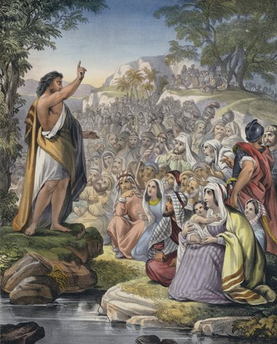 Johannes forkynner i villmarken (farget gravering) av Siegfried Detler Bendixen