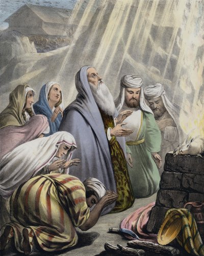 Noahs offer ved å forlate arken (farget gravering) av Siegfried Detler Bendixen