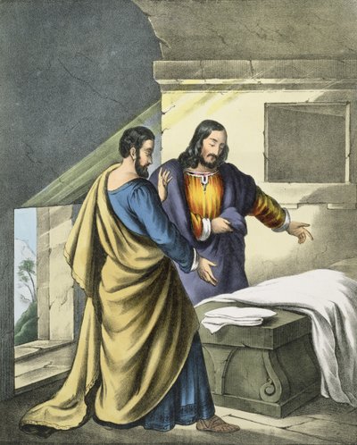 Peter og Johannes ved graven, fra en bibel trykt av Edward Gover, 1870-tallet av Siegfried Detler Bendixen