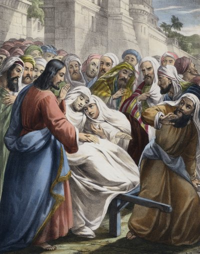 Sønnen til The Widow Of Nain vekket til live (farget gravering) av Siegfried Detler Bendixen