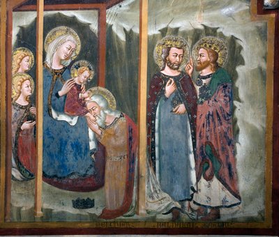 Tilbedelse av Magi Fresco fra School of Siena. 1300-tallet. Jomfruens kapell. Klosteret Saint Benedetto (Sacro Speco), Subiaco (Roma), Italia av Sienese School