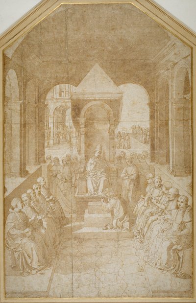 Aeneas Piccolomini kysser tøffelen til pave Eugenius, etter Pinturicchio (penn og brunt blekk med vask på papir) av Sienese School