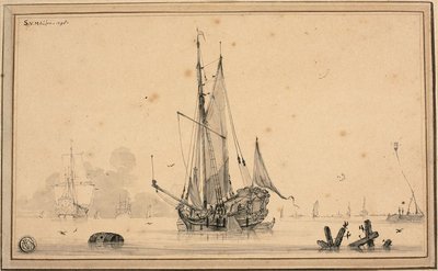 Havnescene med skip i ro og peling av Sieuwert van der Meulen