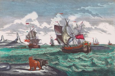 Hvalfangstflåten utenfor Grønland på 1700-tallet (gravering) av Sieuwert van der Meulen