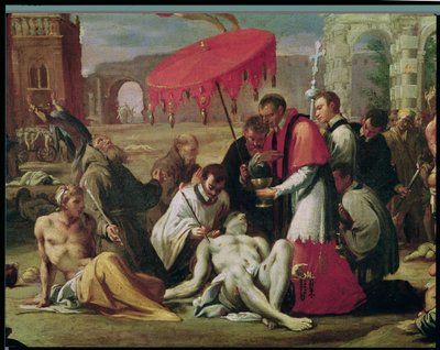 St. Charles Borromeo (1538-84) Fordeling av sakramentet til plageofre i 1576 (detaljer fra 78610) av Sigismondo Caula