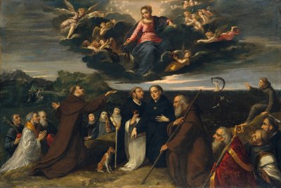 Jomfruen tilbedt av de hellige, ca. 1609. av Sigismondo Scarsellino