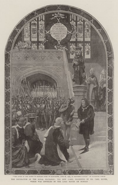 Utsmykningen av Royal Exchange, det nye panelet presentert av Carl Meyer, som ble avduket av Lord Mayor på mandag av Sigismund Christian Hubert Goetze