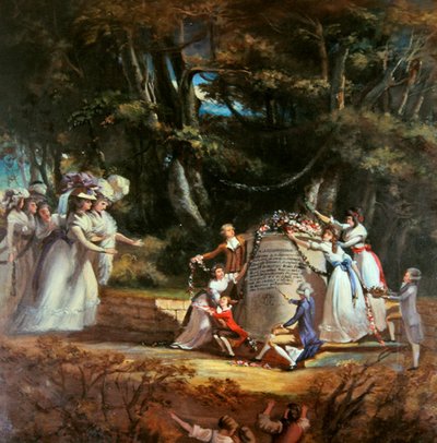 Barna til hertuginnen av Orleans hilser moren sin ved monumentet som ble reist av dem for å minnes hennes restaurering til helse ved et besøk til Spa i 1787 (olje på lerret) av Silvestre Mirys