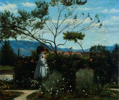 Blant blomstene i hagen, av Silvestro Lega (1826-1895). av Silvestro Lega