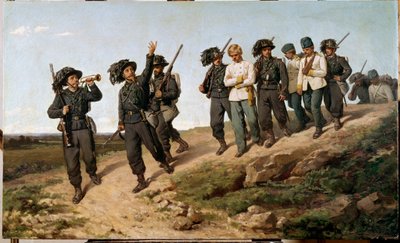 Episode av den italienske kampanjen i 1859: "" Østerrikske krigsfanger omgitt av bersaglier (bersaglieri)"" Maleri av Silvestro Lega (1826-1895) 1861 Søn. 57,5 x 95 cm Firenze, Galleria d