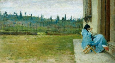 Lady at work, av Silvestro Lega (1826-1895), olje på lerret, 22x40 cm av Silvestro Lega