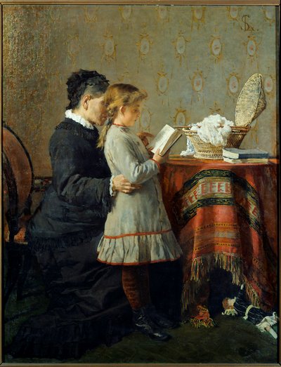 Lesetime. En sykepleier lærer å lese en liten jente. Maleri av Silvestro Lega (1826-1895) Ec. Ital av Silvestro Lega
