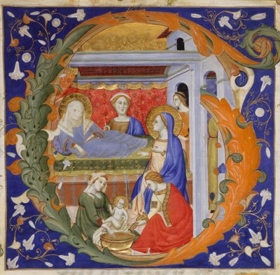 Manuskriptbelysning med Jomfruens fødsel i en innledende G, fra en Gradual, ca. 1375. av Silvestro dei Gherarducci