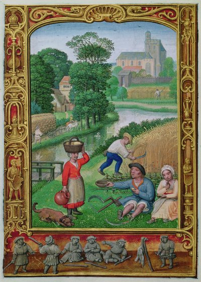 Legg til 24098 f.25v august: Høsting nær en elv, fra en timebok, eller golfboken, ca. 1520-30 (vellum) av Simon (workshop of) Bening