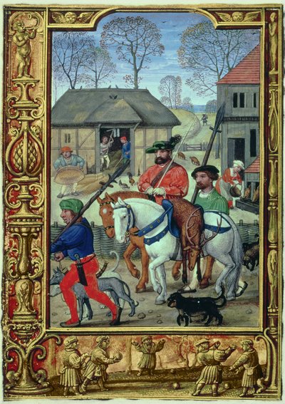 Legg til 24098 f.28v november: Retur fra jakten, fra en timebok, eller golfboken, ca. 1520-30 (vellum) av Simon (workshop of) Bening