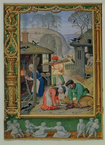 Legg til 24098 f.29v Desember: Tilberede mat til vinteren, lage brød og drepe en gris, fra Time Book, eller Golf Book, c.1520-30 (vellum) av Simon (workshop of) Bening