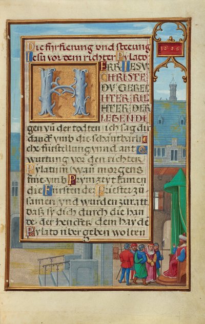 Rand mit einem gefangenen Propheten vor einem Fürsten oder König av Simon Bening