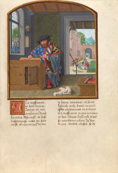 Våpenkongen av Ordenen av det gylne skinn Skriver om Jacques de Lalaing, ca. 1530-40 (tempera, bladgull og blekk på pergament) av Simon Bening