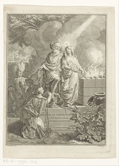 Allegorisk tittelside med patriark Abraham og sannhet Tittelside for: Arnold Hoogvliet, patriarken Abraham, i XII Boeken, s.a. av Simon Fokke