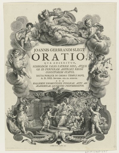 Minerva lauwert en jongeman met bul Tittelside for: J.G. Slegt, Oration der det hevdes at Nimrod feilaktig er faren til Nina (...), 1747 av Simon Fokke
