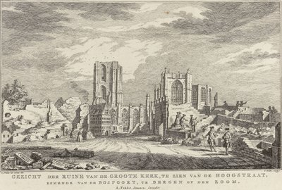 Ruin av Bergens store kirke op Zoom, 1748 Utsikt over ruinene av Groote Kerk, sett fra Hoogstraat, kommer fra Bospoort, i Bergen op den Zoom (tittel på objekt) Ti ansikter av ruinene etter beleiringen og ødeleggelsen av Bergen op Z av Simon Fokke