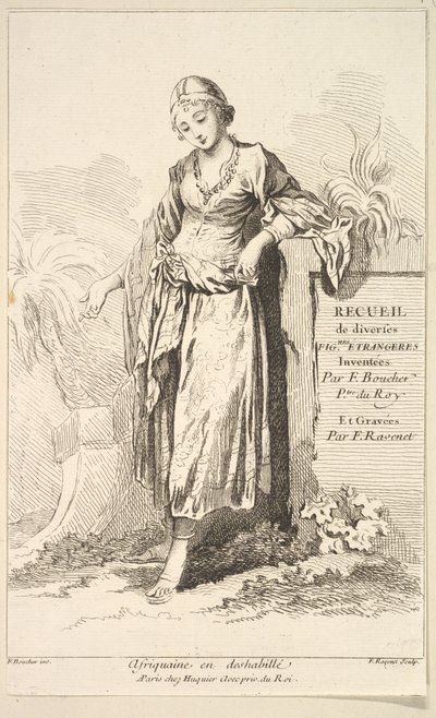 Afrikansk kvinne i negligé, fra Samling av ulike utenlandske figurer Oppfunnet av..., 1700-tallet. av Simon Francois Ravenet