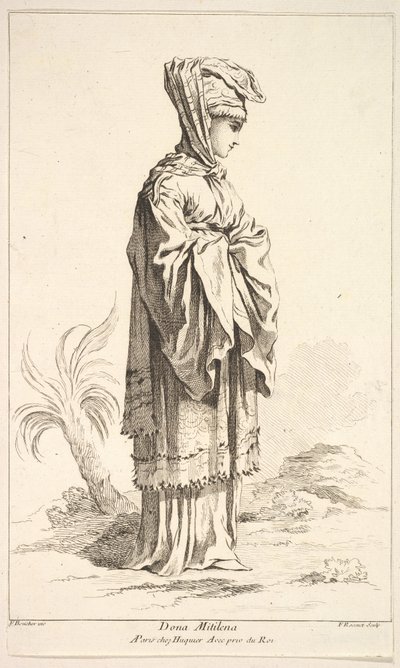 Dona Mitilena, fra Samling av forskjellige utenlandske figurer Oppfunnet av F. Bouche..., 1700-tallet. av Simon Francois Ravenet