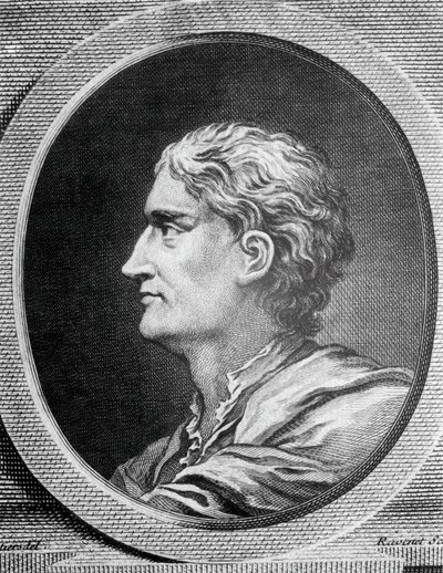 Portrett av Isaac Newton (1642-1727), engelsk fysiker og matematiker, gravering av Simon Francois Ravenet (1706-1774) av Simon Francois Ravenet
