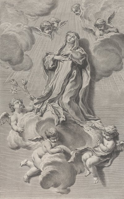 Ekstasen til Saint Catherine av Siena, knelende på en sky båret av engler, en av ..., 1729-40. av Simon Francois Ravenet