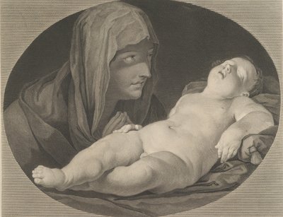 Jomfruen i bønn, ser på det sovende spedbarnet Kristus, i en oval ramme, etter Reni,..., 1765. av Simon Francois Ravenet