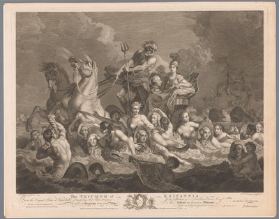 Allegori om den britiske marinen og seieren over den franske flåten The Triumph of Britannia (tittel på objekt) av Simon François Ravenet (le vieux)