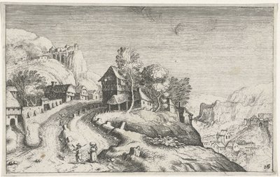 Landsby i et fjellandskap Ulike landskap (serietittel) Topographia variarum regionum (serietittel) av Simon Frisius (attributed to)