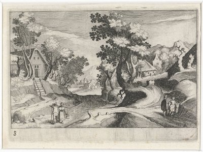 Skogkledd kupert landskap med bygninger og figurer Sør-europeiske landskap (serietittel) Topographia variarum regionum (serietittel) av Simon Frisius
