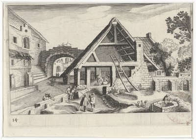 Utsikt over landsbyen med den hellige familie Sør-europeiske landskap (serietittel) Topographia variarum regionum (serietittel) av Simon Frisius