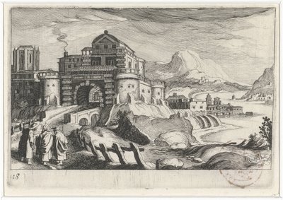 Emmäus-folk foran en byport i et fjellandskap Sør-europeiske landskap (serietittel) Topographia variarum regionum (serietittel) av Simon Frisius