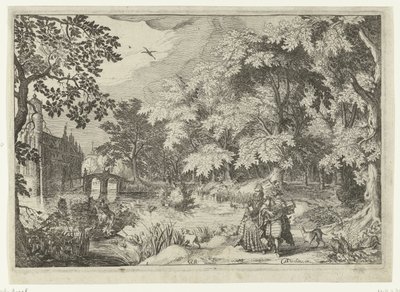 Utsikt over en skog med Loenersloot Castle Landskap med figurer (serietittel) av Simon Frisius