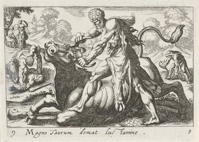 Hercules i kamp med Achelous den store temmer oksen med lys (tittel på objekt) Herculisches tema (serietittel) av Simon Frisius
