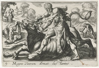 Hercules i kamp med Achelous Han temmer en stor okse ved å bryte (tittel på objekt) Herculische temaer (serietittel) av Simon Frisius