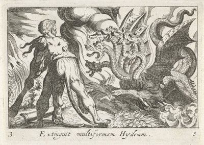 Hercules kjemper mot hydraen til Lerna Extinguit multiform Hydram (tittel på objekt) Herculean Themes (serietittel) av Simon Frisius