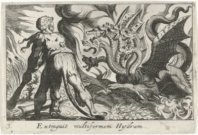 Hercules kjemper mot hydraen til Lerna Extinguit multiform Hydram (tittel på objekt) Herculean Themes (serietittel) av Simon Frisius