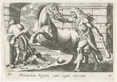 Hercules temt de paarden van Diomedes Kong Diomedes med hester (tittel på objekt) Herculische temaer (serietittel) av Simon Frisius