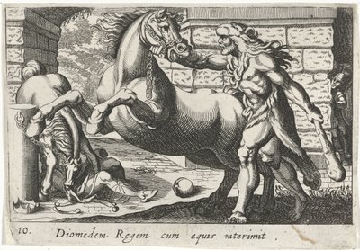 Hercules temt de paarden van Diomedes Kong Diomedes med hester (tittel på objekt) Herculische temaer (serietittel) av Simon Frisius