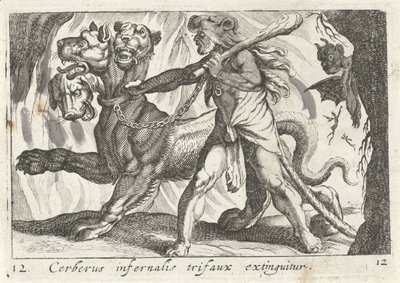 Herkules hevner Cerberus Cerberus infernal trifaux er slukket (tittel på objekt) Herculische temaer (serietittel) av Simon Frisius
