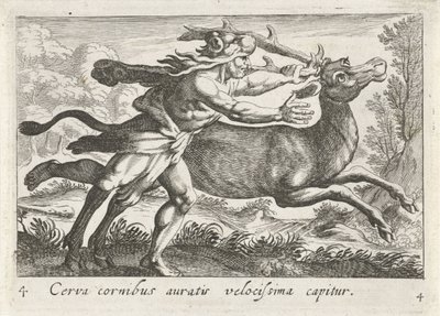 Hercules vangt de Hind van Cerynea En hjort med gullhorn fanges veldig raskt (tittel på objekt) Herculische temaer (serietittel) av Simon Frisius