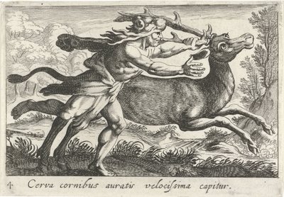 Hercules vangt de Hind van Cerynea En hjort med gullhorn fanges veldig raskt (tittel på objekt) Herculische temaer (serietittel) av Simon Frisius