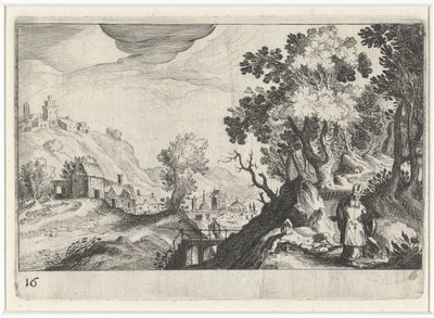 Kupert landskap med den barmhjertige samaritan Sør-europeiske landskap (serietittel) Topographia variarum regionum (serietittel) av Simon Frisius