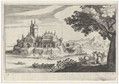 Kupert landskap med et slott på en øy Søreuropeiske landskap (serietittel) Topographia variarum regionum (serietittel) av Simon Frisius