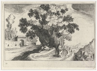 Kupert landskap med å elske under et tre Sør-europeiske landskap (serietittel) Topographia variarum regionum (serietittel) av Simon Frisius