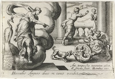 Jonge Hercules wurgt twee slangen Hercules dreper to slanger i vuggene deres (tittel på objekt) Herculische temaer (serietittel) av Simon Frisius